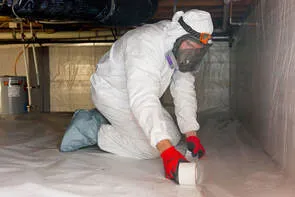A crawlspace vapor barrier being installed by Mold Patrol