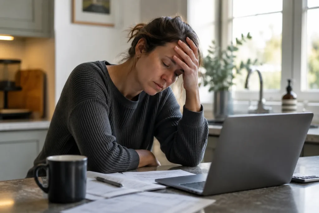 A homeowner struggling with chronic fatigue with head in hands at their kitchen desk