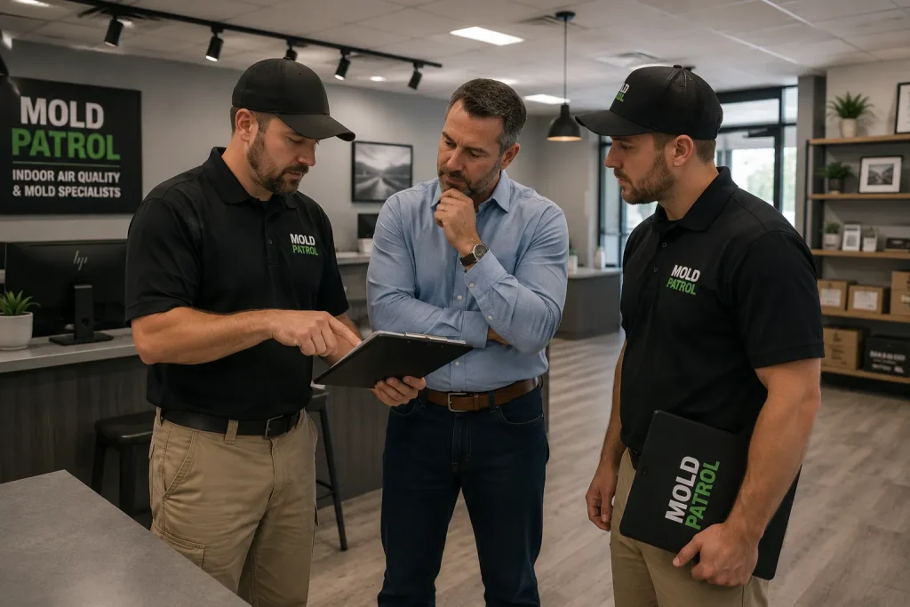 Mold Patrol planning a remediation job with a business owner in their commercial property