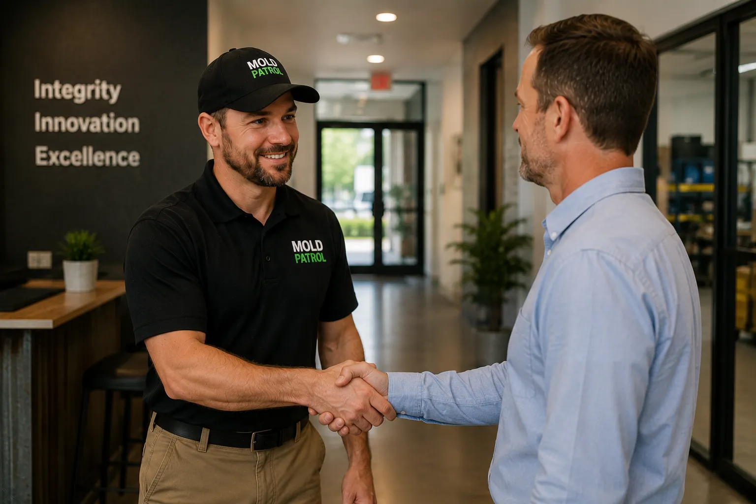 Mold Patrol shaking hands with a happy business owner