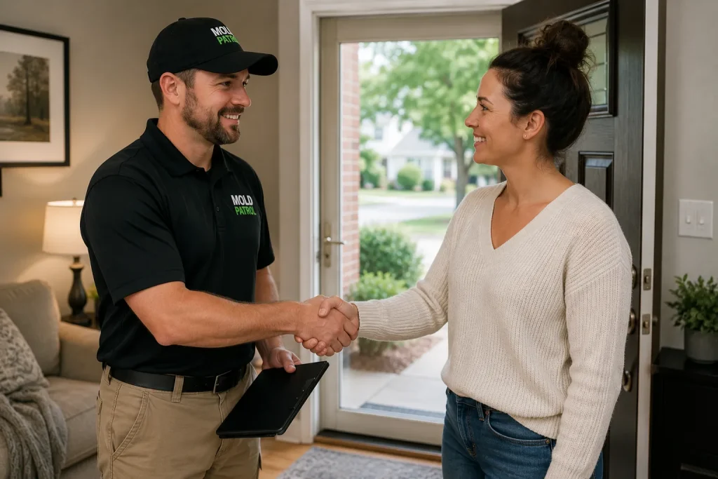 Mold Patrol shaking hands with a happy homeowner