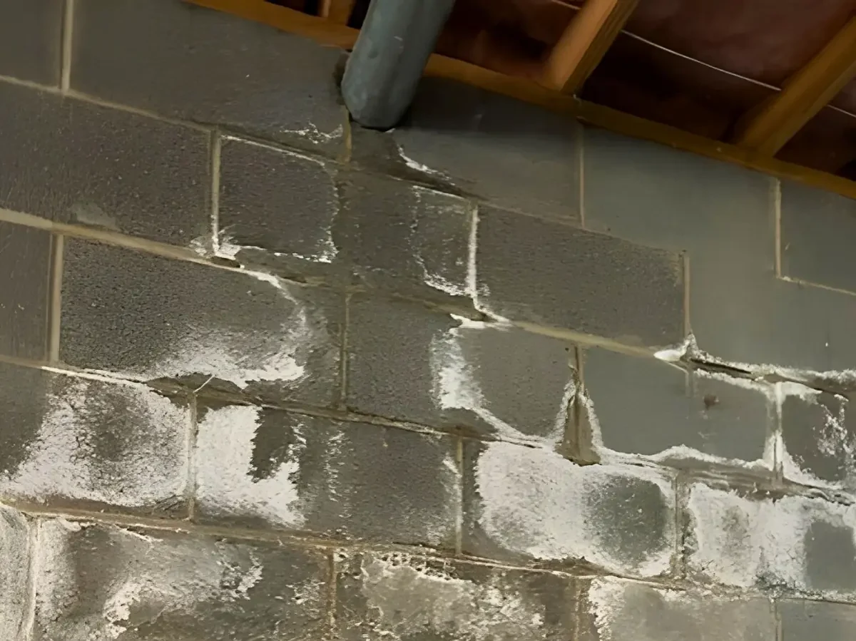 Mold growth on concrete blocks after a ceiling pipe leaked